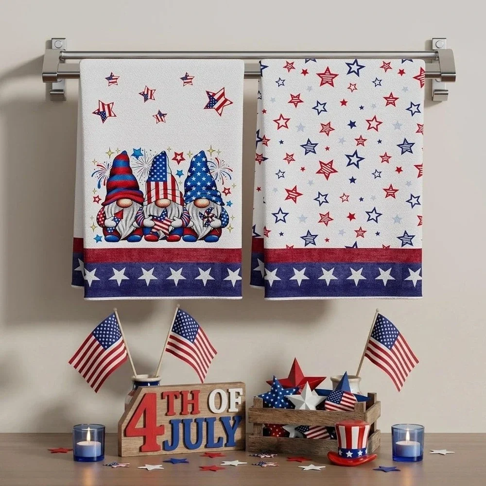 XCHI Patriotic Gnome Stars 4th of July Kitchen Towels Set of 2 Red White Blue